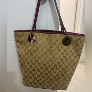 Authentic Gucci Brown and Red Tote Bag with Iconic GG Monogram